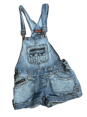 Sz5 Y2K Vintage DOLLHOUSE Roll Cuff Denim Shorts Bibbed Overalls w Xtra Pockets